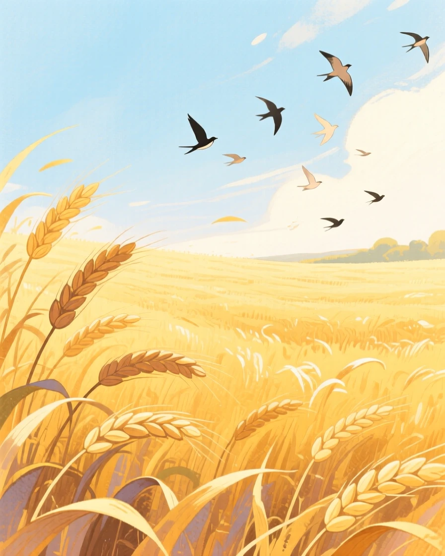 A golden wheat field rippling in the summer wind, with a flock of birds silhouetted against the sky, evoking peaceful serenity and awe.
