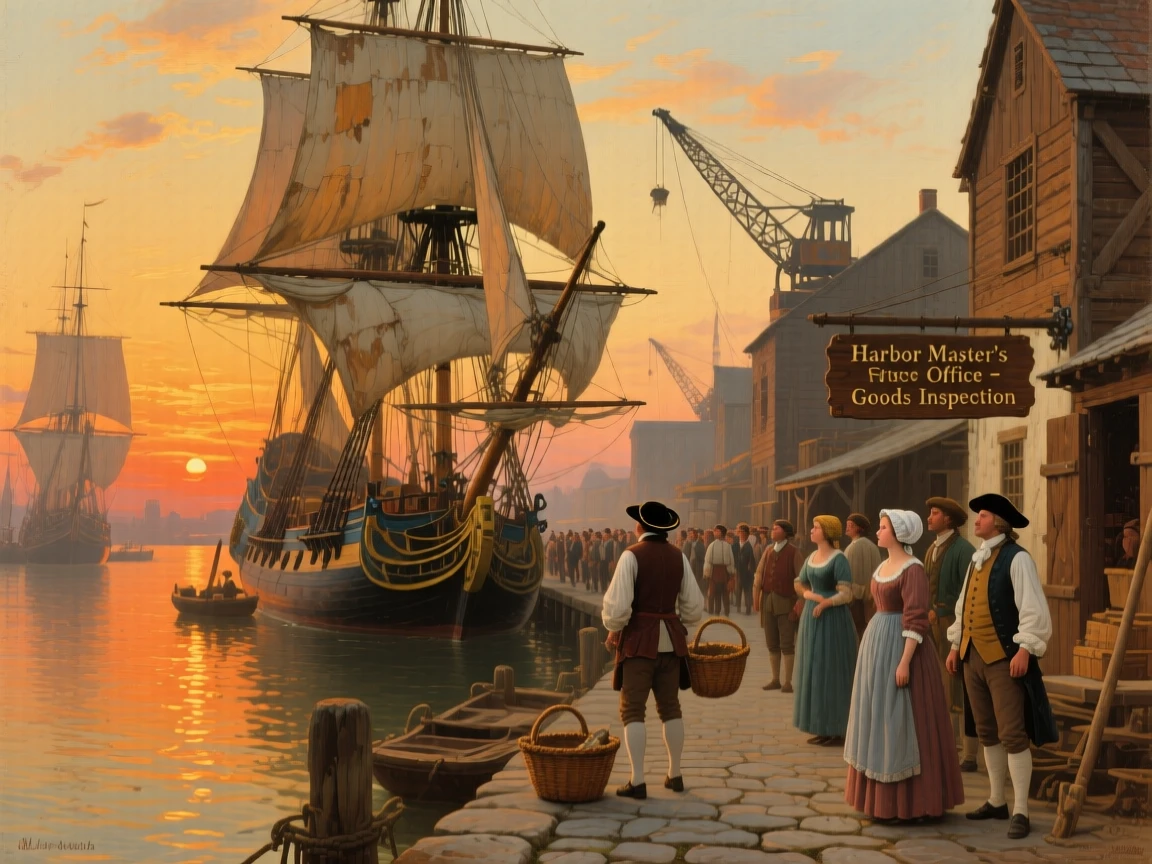 A colonial-era harbor filled with tall sailing ships at sunset, as onlookers in traditional dress watch the scene unfold, designed to feel both historically authentic and visually striking