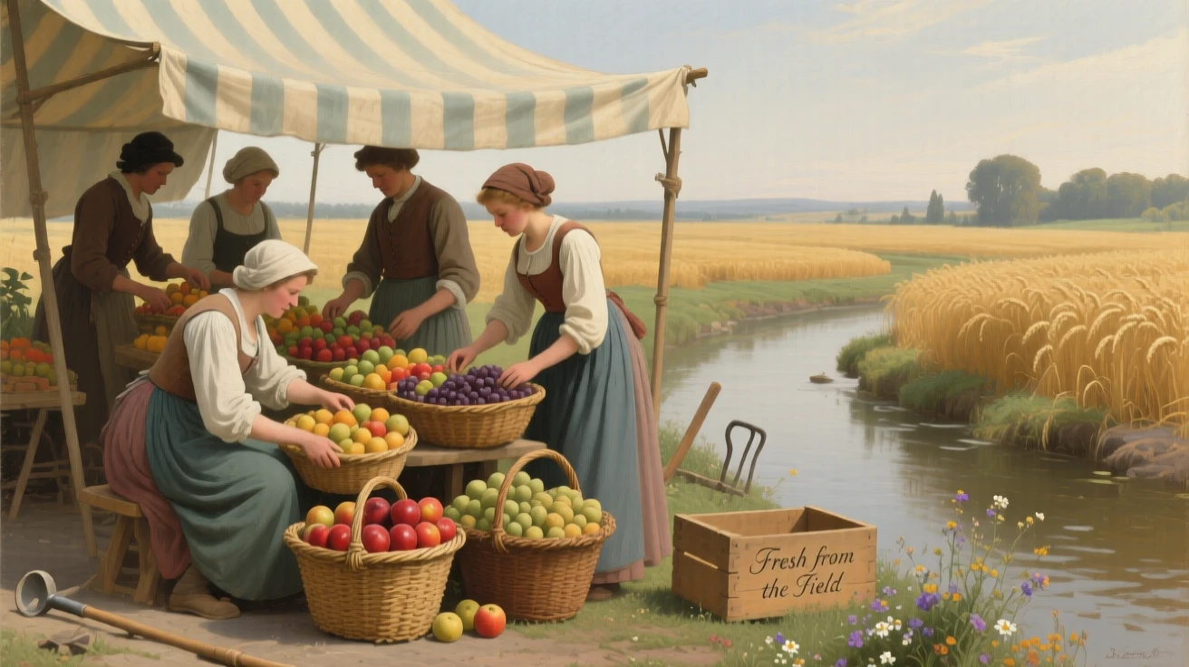 Market vendors arranging baskets of fruit beneath a striped awning in a scene both modest and deeply human, set beside a quiet stream at the edge of golden fields, with modest but well-tended surroundings speaking of quiet pride; warm natural light elevates a humble scene into something timeless, suggesting that meaning is found in life's smallest rituals.