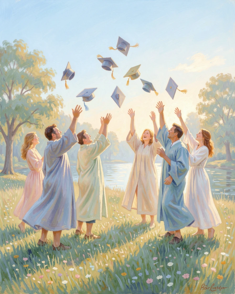 A graduation celebration with a proud family tossing caps into the air under a clear blue sky, in the gentle hush of early morning.