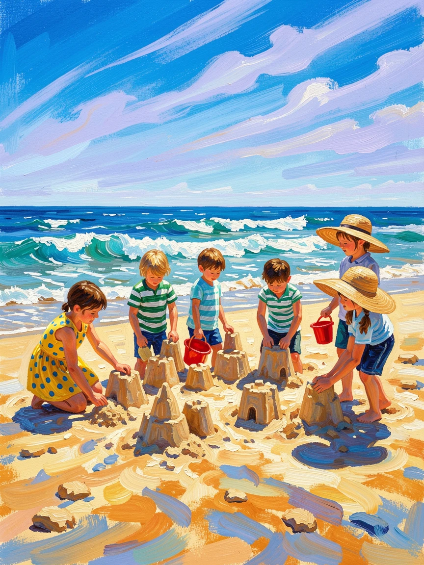 A group of children building sandcastles in a row along a sunlit beach.