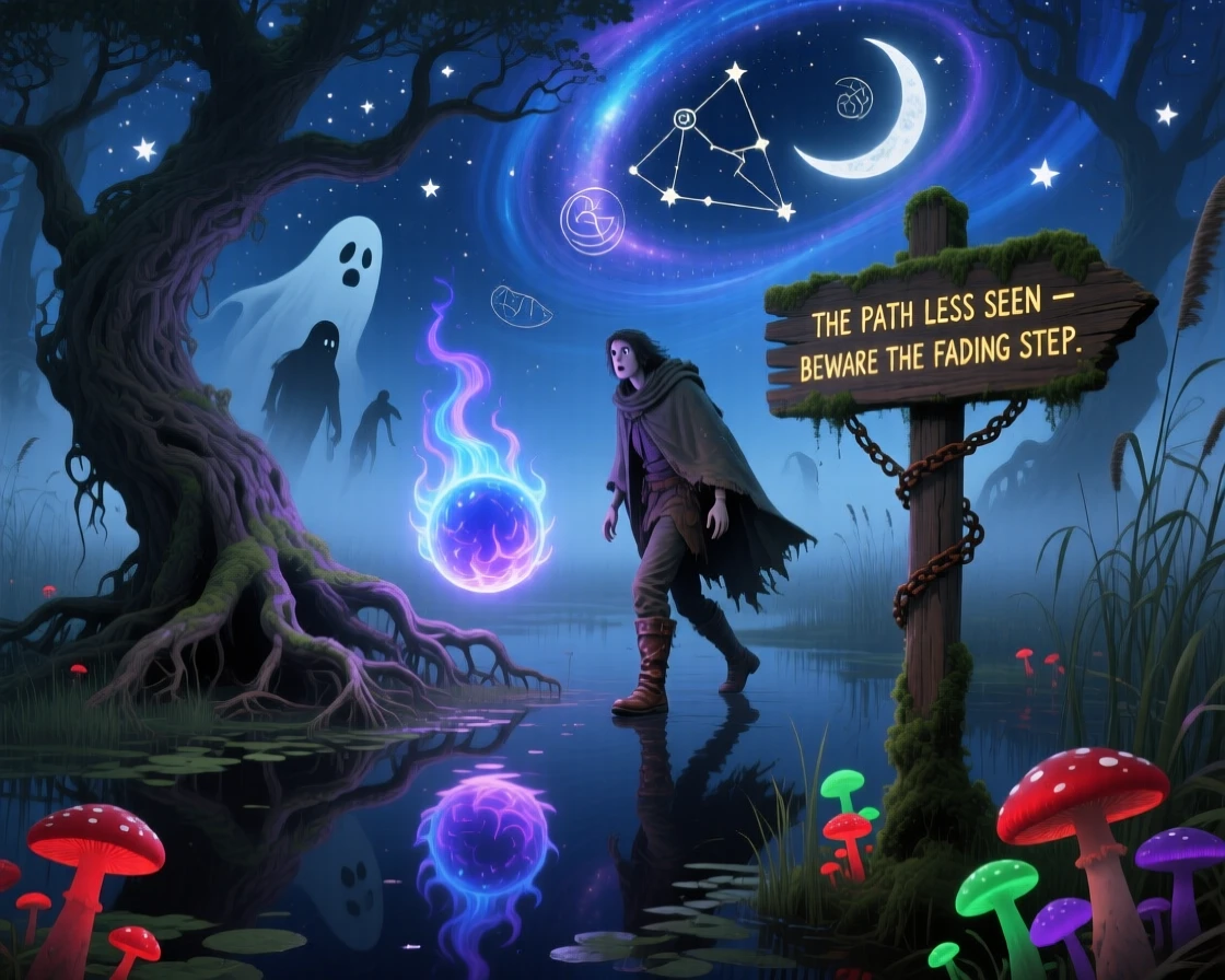 A will-o'-the-wisp leading a lost traveler through a misty bog guards a hidden path that few have ever found, as the whole scene glows faintly under a starlit sky.