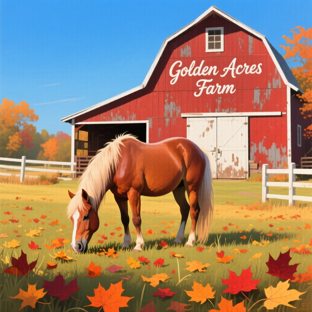 A gentle pony grazes in a fenced meadow beside a red barn, autumn leaves scattered across the grass under a crisp blue sky, the play of light across its form emphasizing the animal's natural grace and presence.