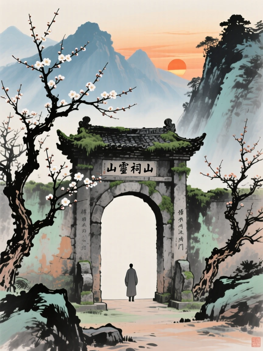 An ancient archway marking the entrance to a mountain shrine, as the last plum blossoms cling to bare branches, as the sun sets behind distant peaks.