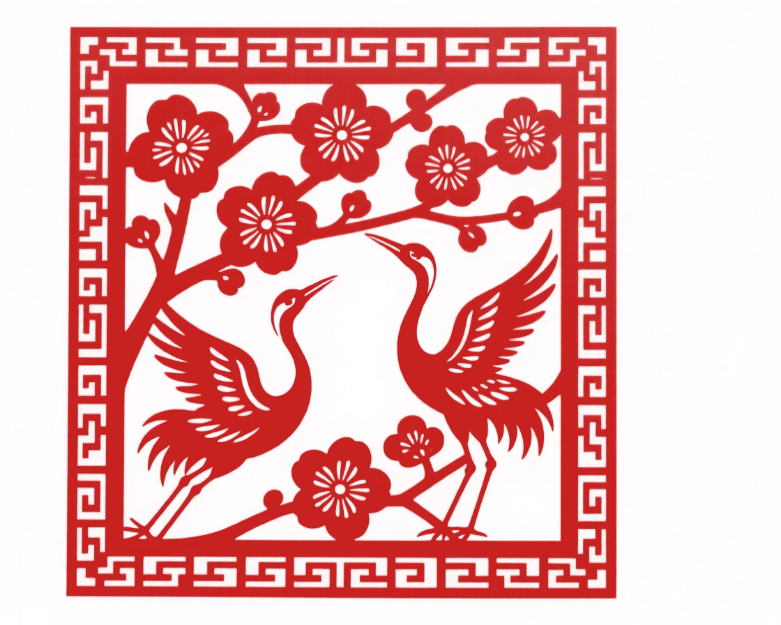 A design of a square lattice frame featuring a lattice of plum blossoms and cranes, bordered by a fine repeating key-fret pattern.
