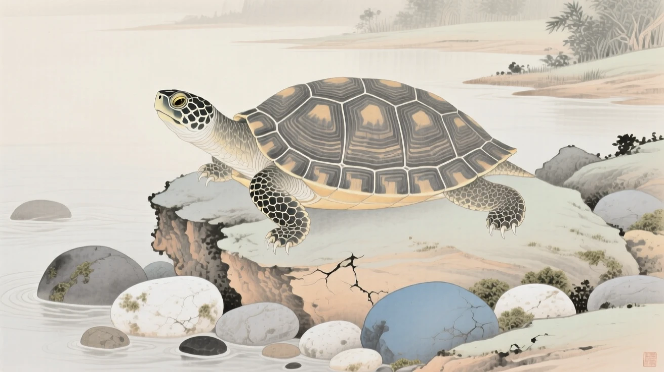 A turtle resting on a sun-warmed rock near a cluster of smooth river stones