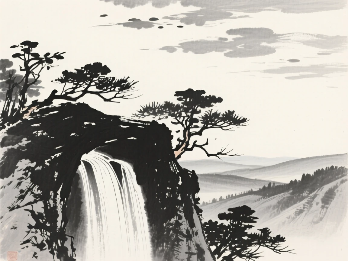 A hidden grotto behind a curtain of falling water under a wide open sky scattered with drifting clouds, framed through a gap in the trees, revealing the valley beyond, suggesting the quiet vastness of the natural world.