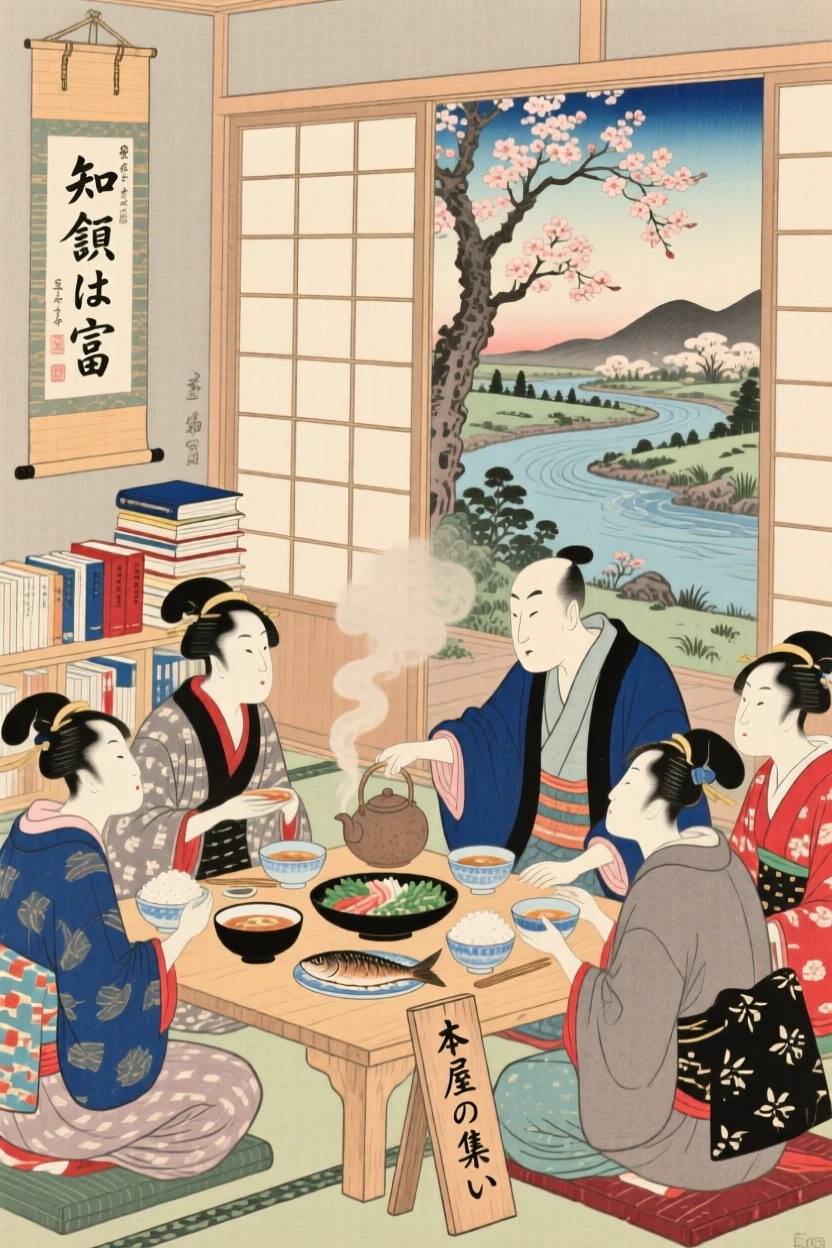 A bookseller gathered around a table sharing a warm meal.