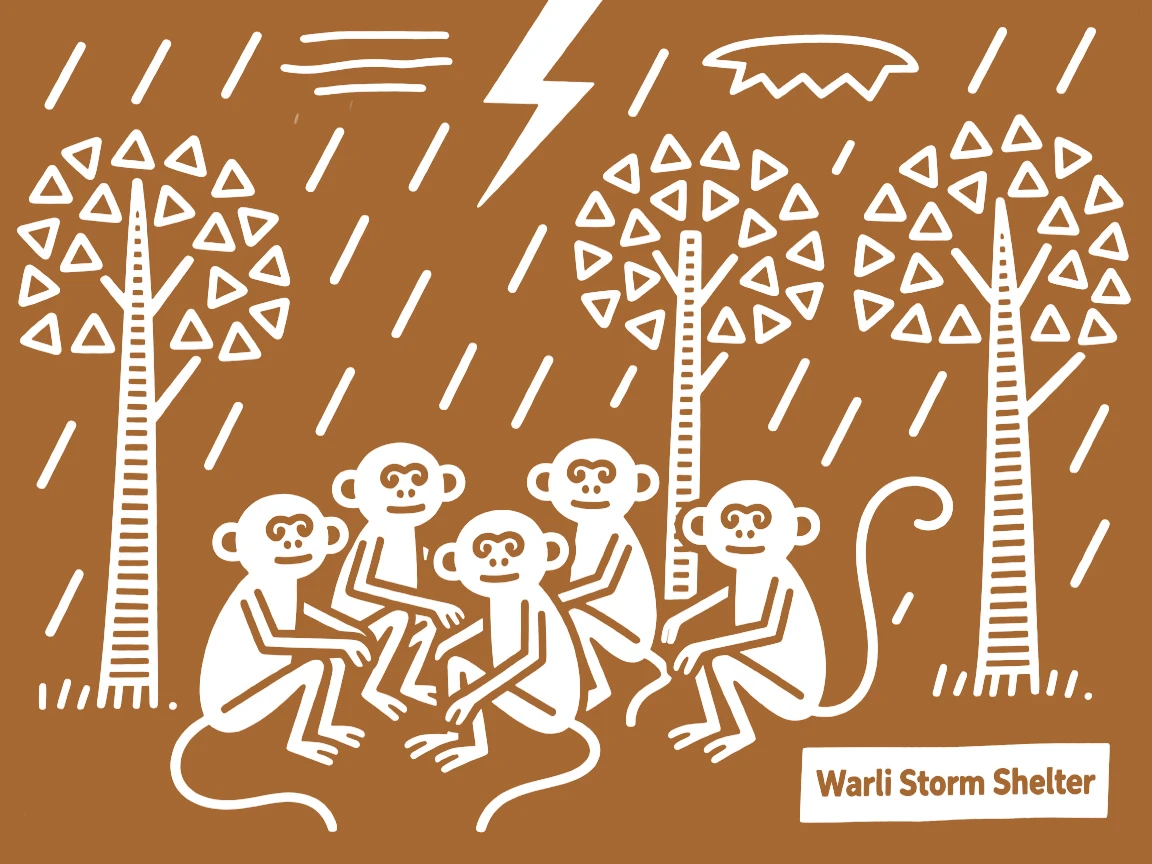 A group of monkeys sheltering under trees during a storm.