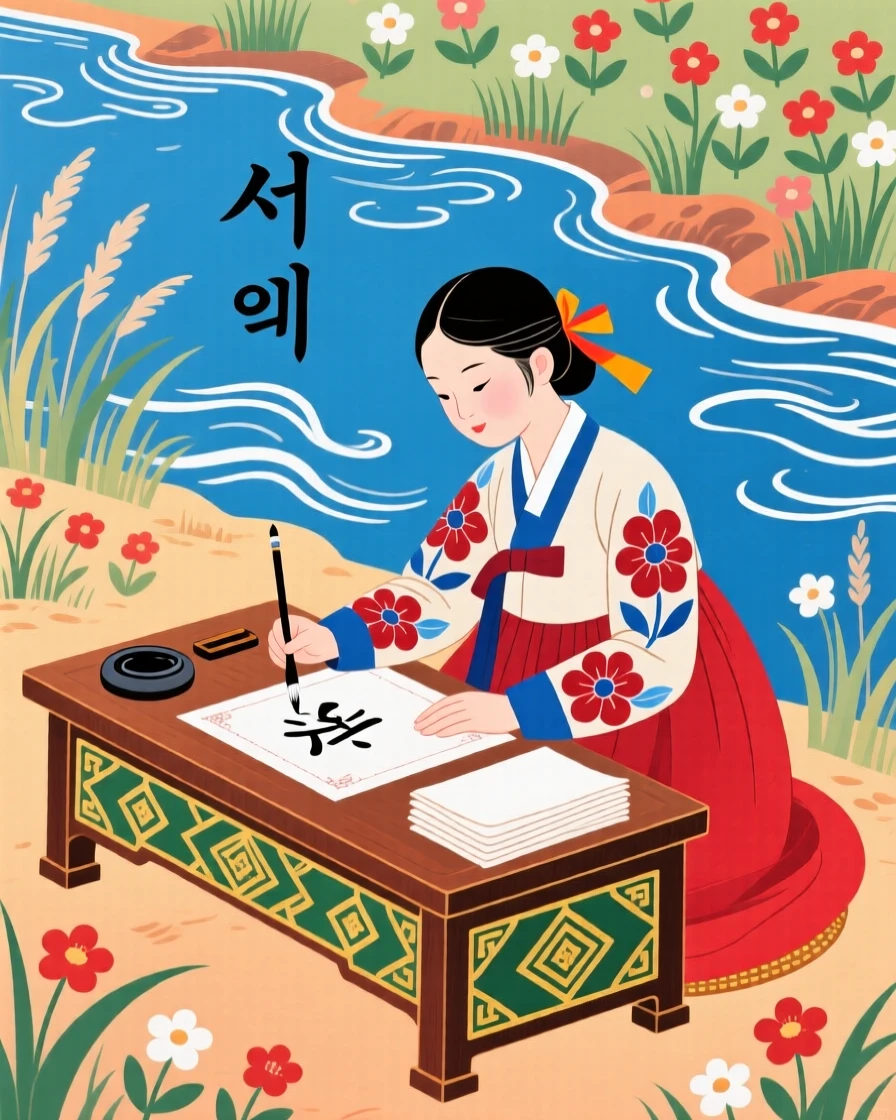 A young woman writing calligraphy at a low desk, beside a quiet river.