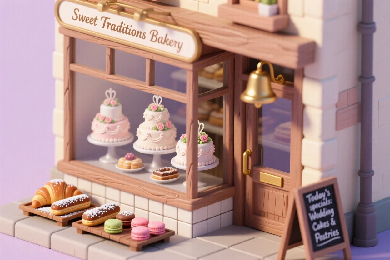 A traditional bakery window filled with elaborate wedding cakes, pastries dusted with powdered sugar, and a bell chiming as customers enter.