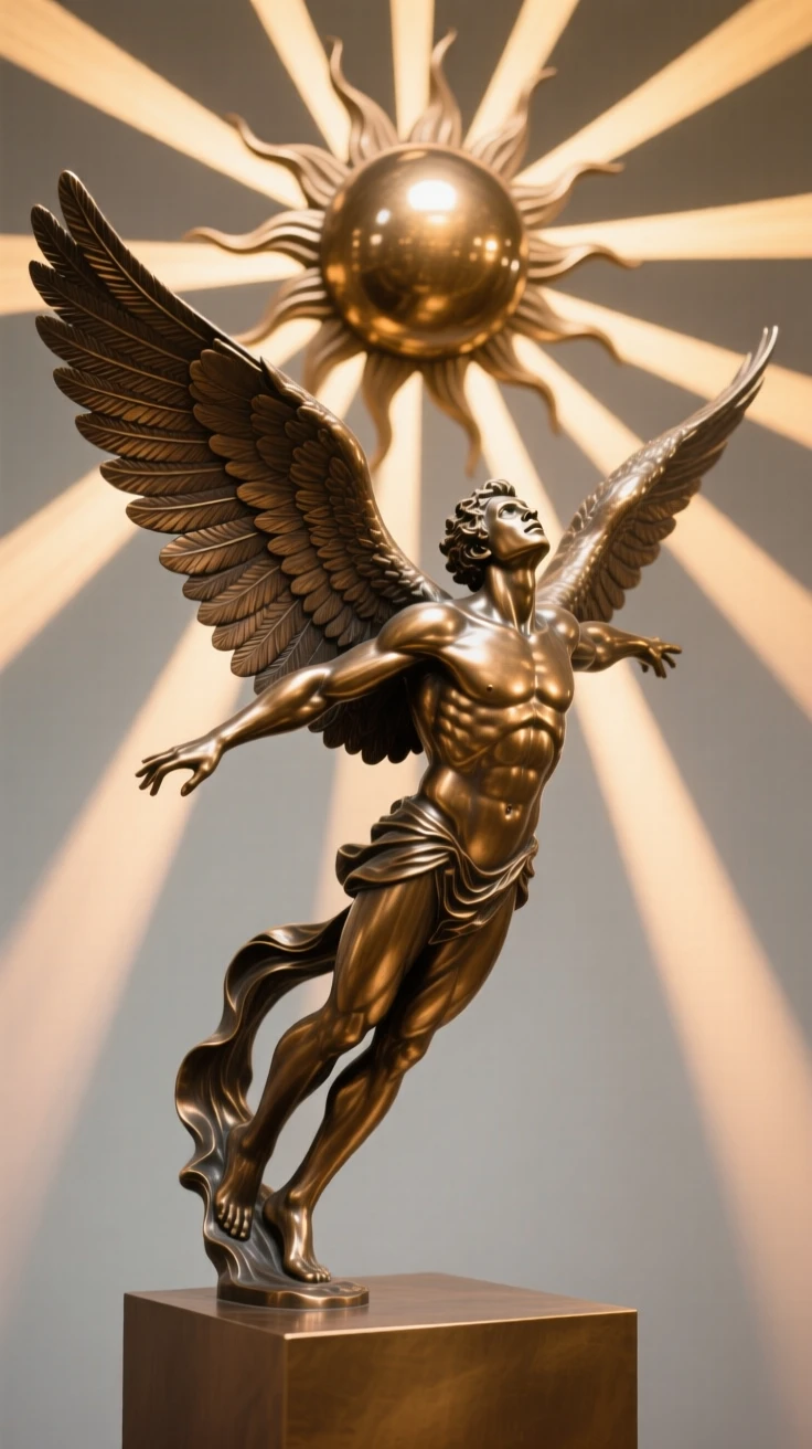 Icarus soaring too close to the sun, surrounded by radiant beams of light, radiating awe and grandeur