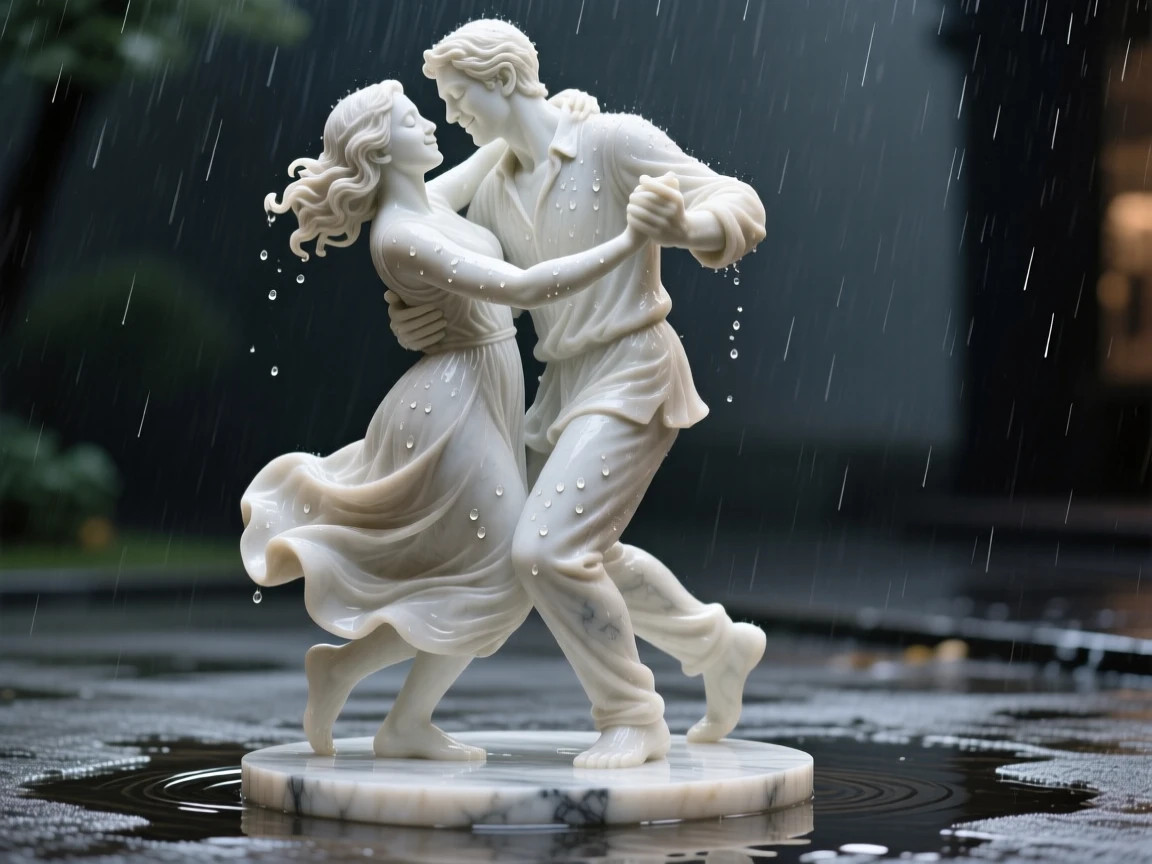 A heartfelt moment showing two lovers dancing in the rain, radiating love and genuine human emotion