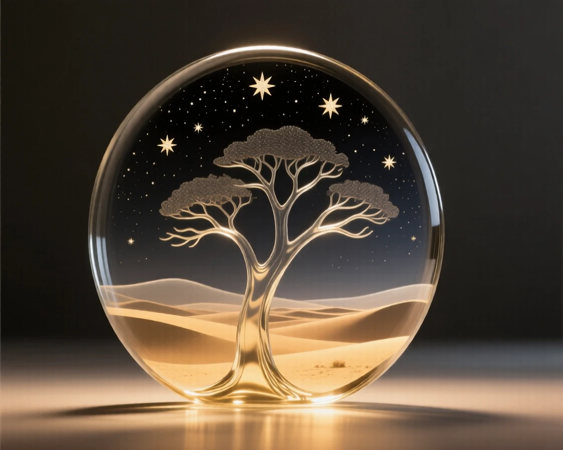 A starry desert night with a lone silhouetted tree, captured in soft golden light with layers of atmospheric depth, evoking peace and quiet grandeur.
