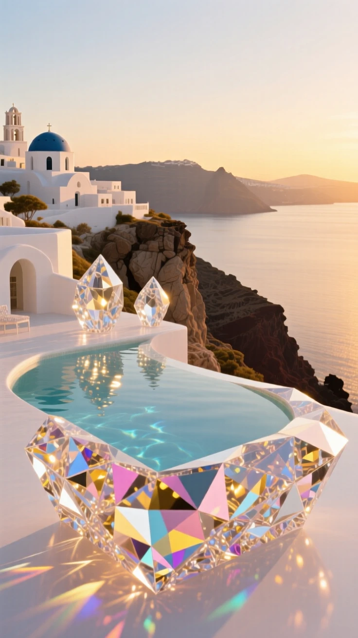 A cliffside infinity pool in Santorini overlooking the caldera at golden hour.