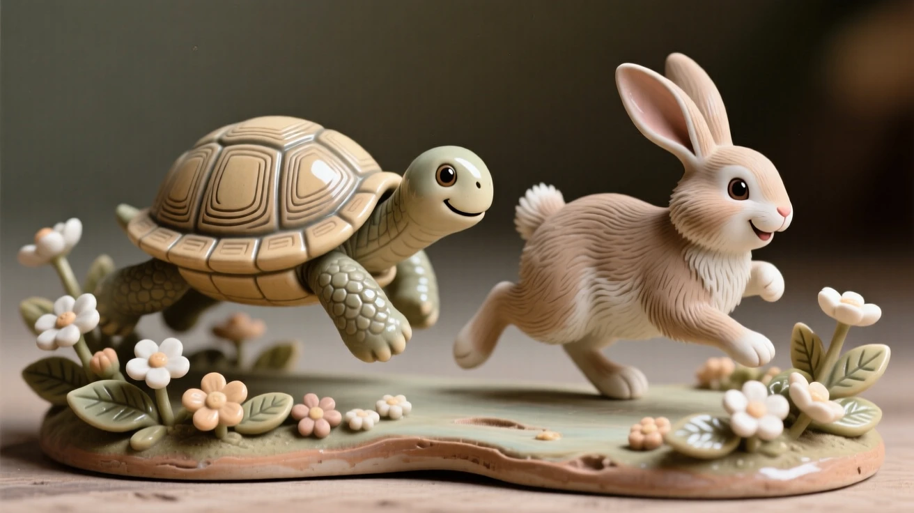 A turtle and rabbit racing side by side, both smiling captured in a charming, storybook moment, framed by miniature flowers and leaves, radiating coziness and storybook charm.