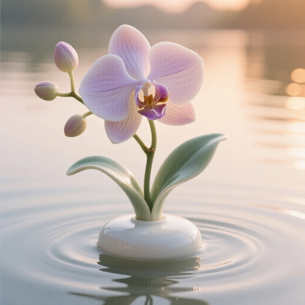 A single orchid floating on still water, glowing softly in gentle morning light.