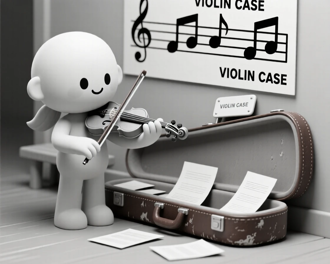 A passionate musician tunes a violin backstage, sheet music scattered across a worn leather case.
