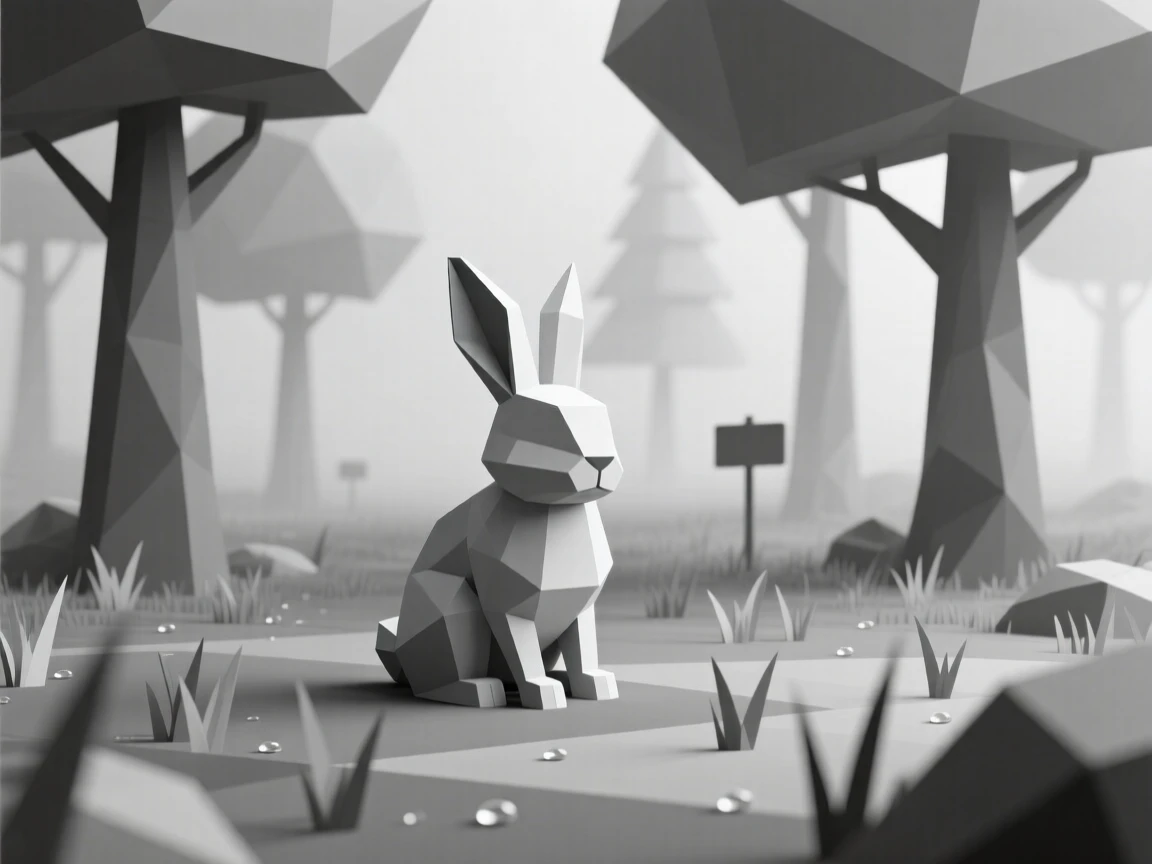 A rabbit sitting quietly in a misty meadow, in a quiet, dew-covered forest. the composition centers the subject with a shallow depth of field. A feeling of serenity washes over the moment.