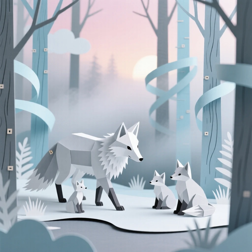 A fluffy arctic fox exploring a misty forest at dawn, with its family close by watching, conveying quiet dignity and grace.