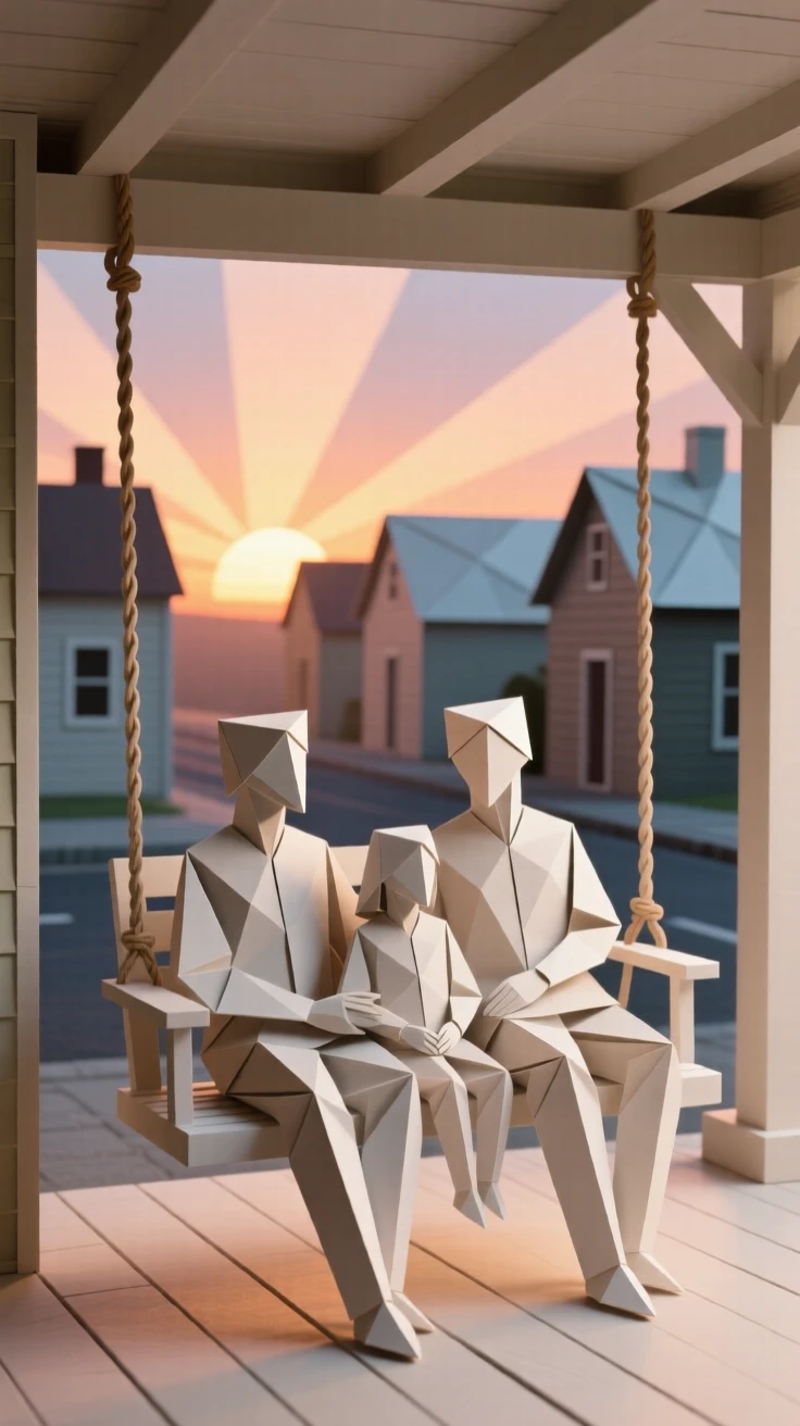 A family gathered on a porch swing watching the sunset over a quiet street.