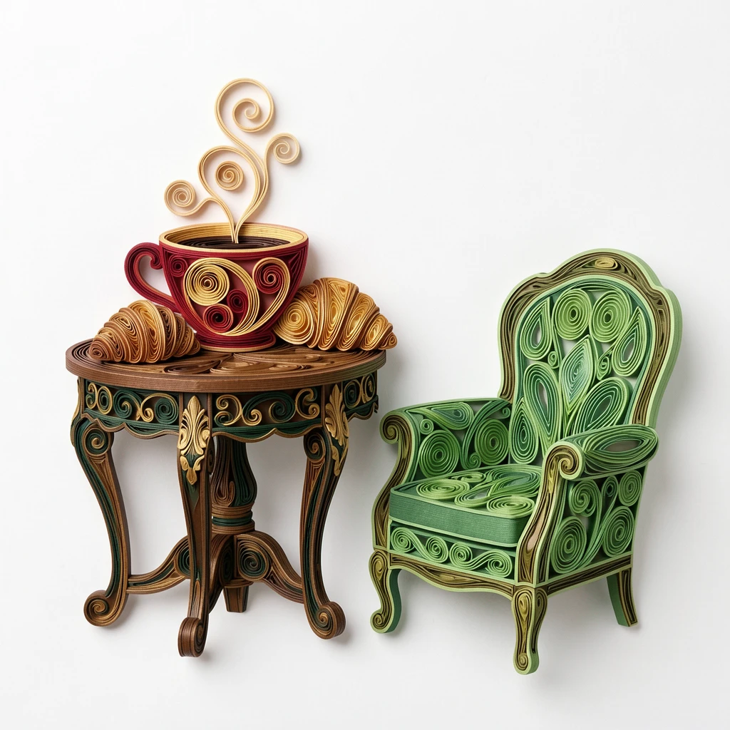 a steaming cup of coffee beside a flaky croissant, on an antique side table beside a reading chair, composed with a clean, minimal negative space background, in a fresh palette of green, red, and gold.