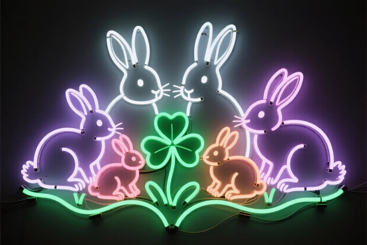 A rabbit family gathered around a patch of clover.