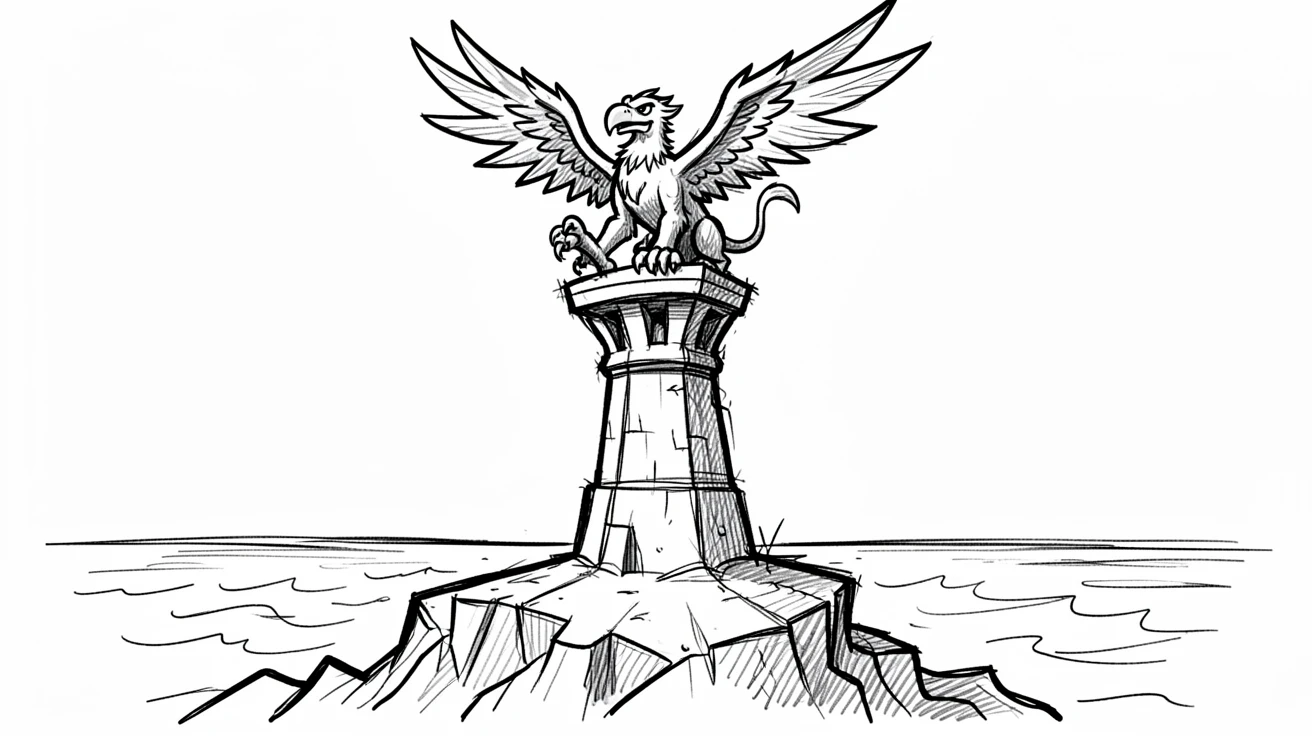 A griffin standing guard atop a tower on a cliffside overlooking the sea.