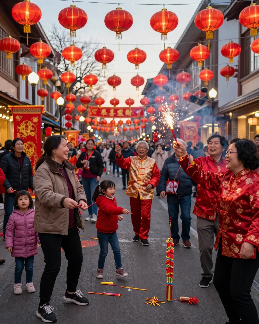 A Lunar New Year celebration with red lanterns and firecrackers