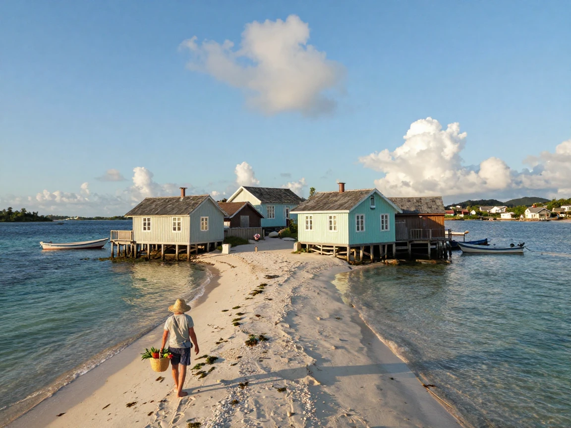 A tiny island village is connected to the mainland only by a narrow sandbar path.