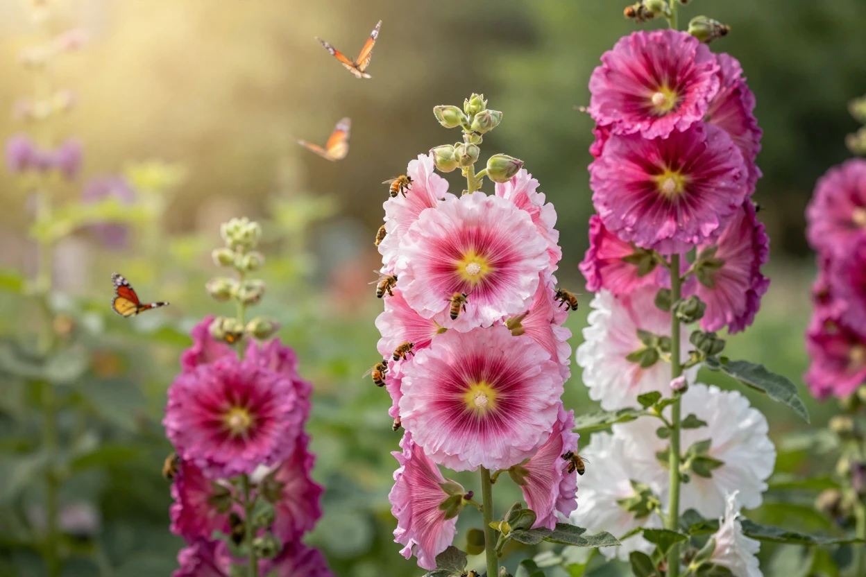 A garden of towering hollyhocks surrounded by buzzing bees and butterflies