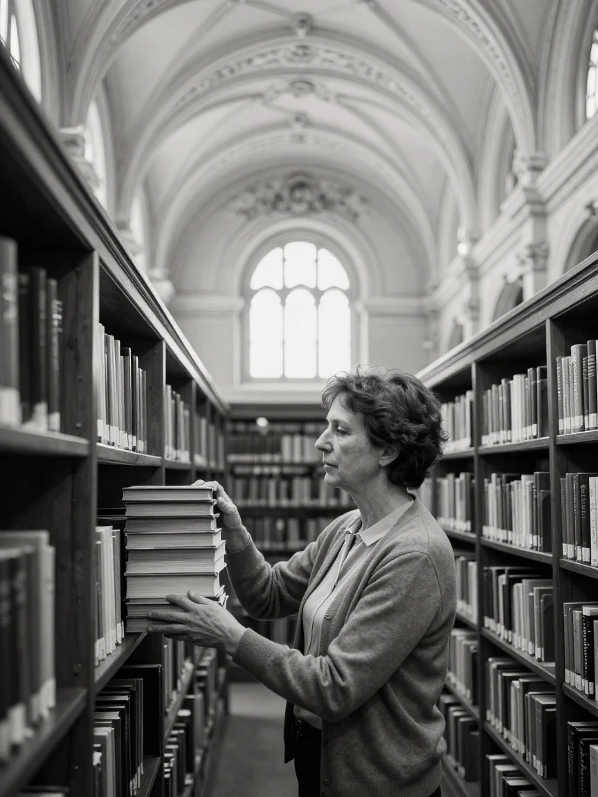 A librarian shelves a stack of returned books beneath a vaulted reading room ceiling.