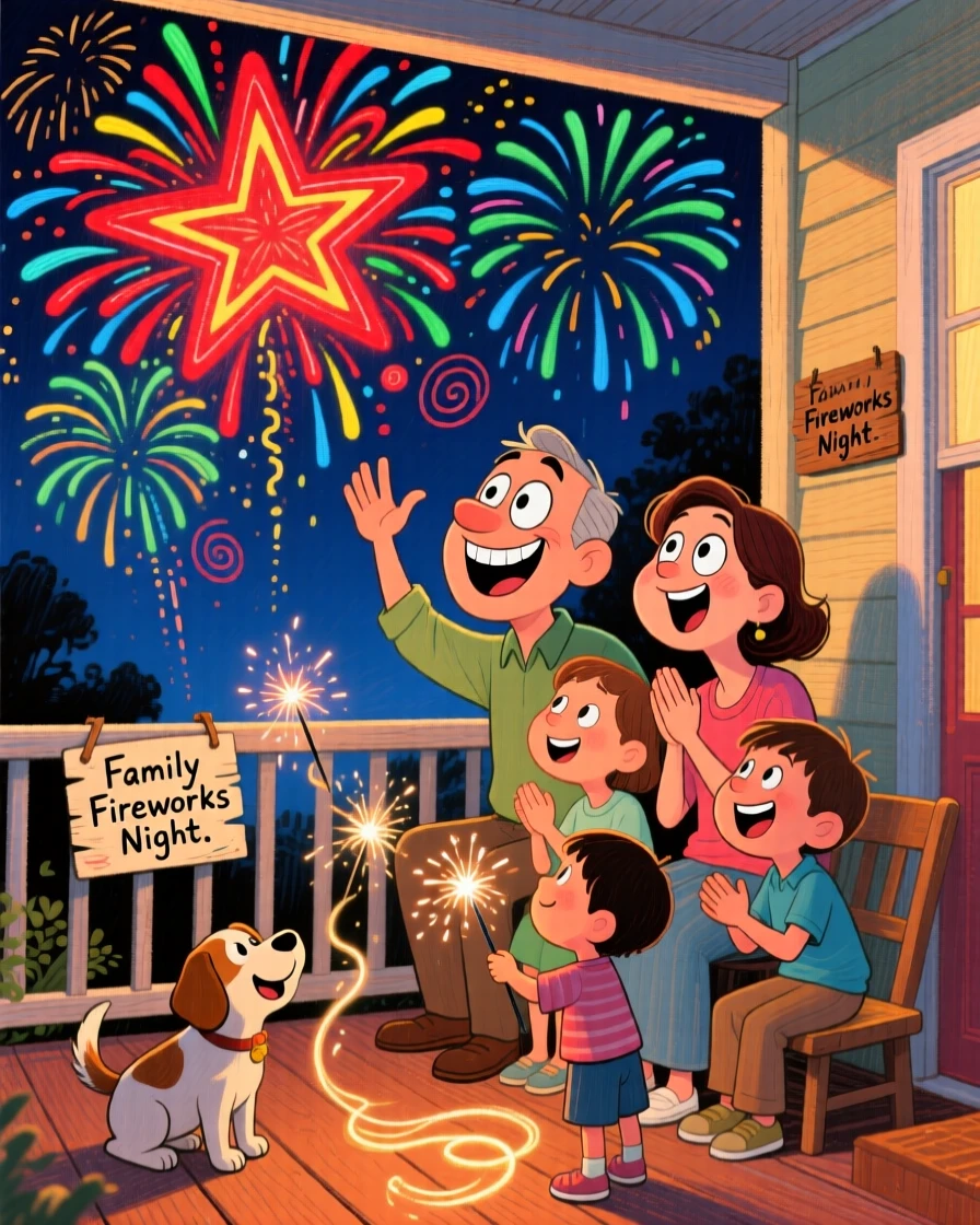 A family gathered on a porch watching fireworks light up the night sky.