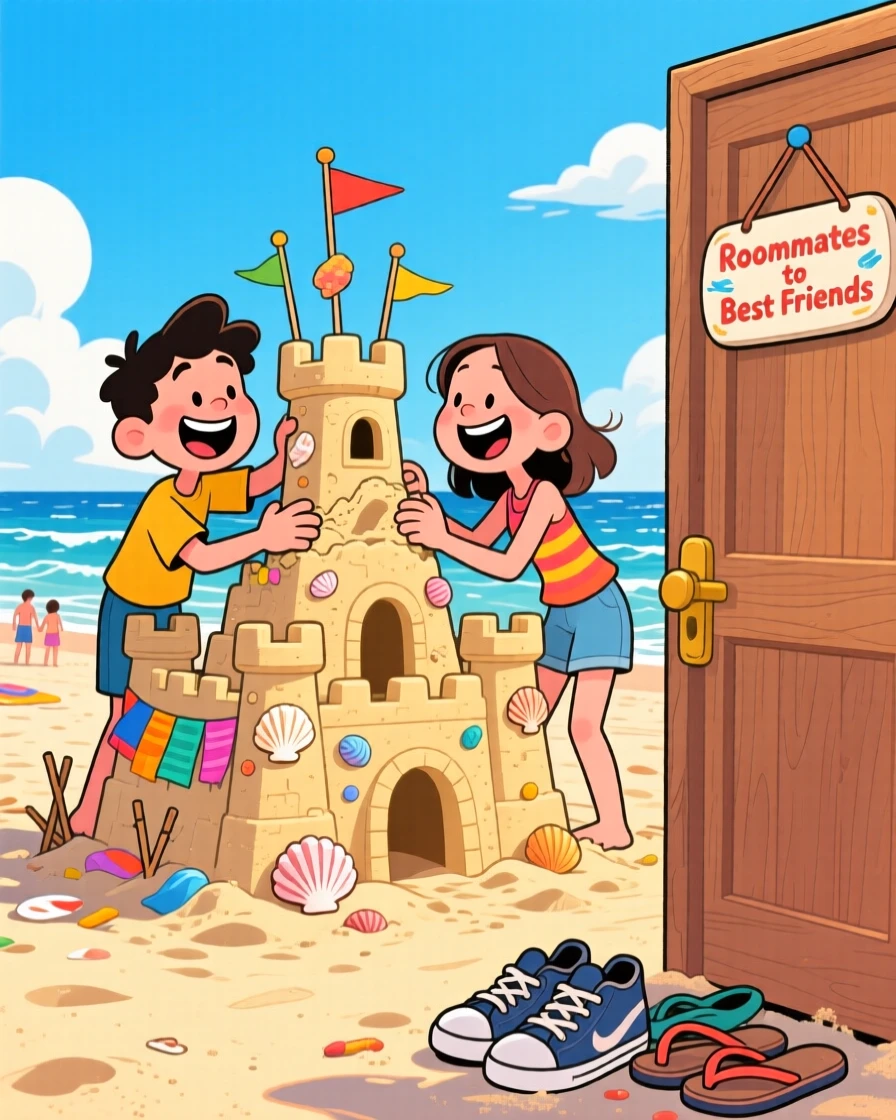 A heartwarming scene of roommates turned best friends building a sandcastle together at the beach, with everyone's shoes kicked off by the door.