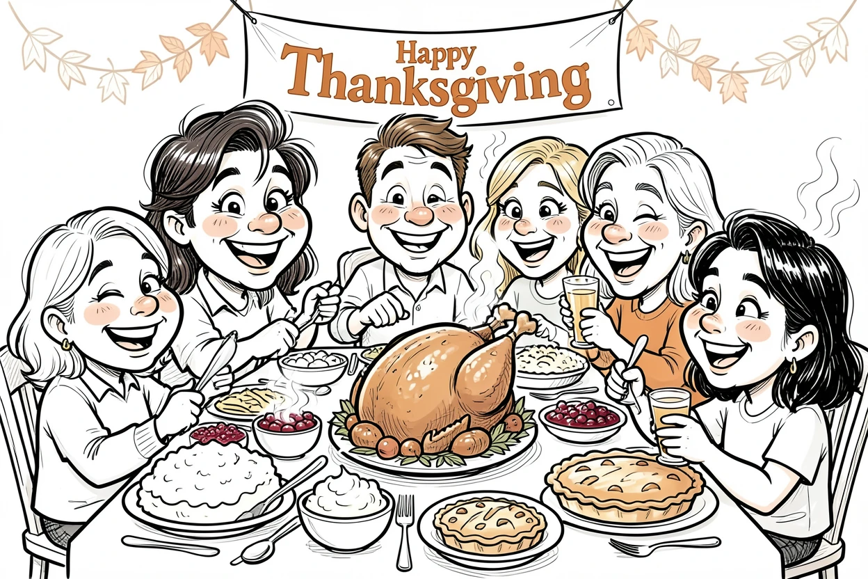 [Seasonal Holidays & Celebrations] Festive scene of a family enjoying a big Thanksgiving feast around a crowded table, full of celebration and joy