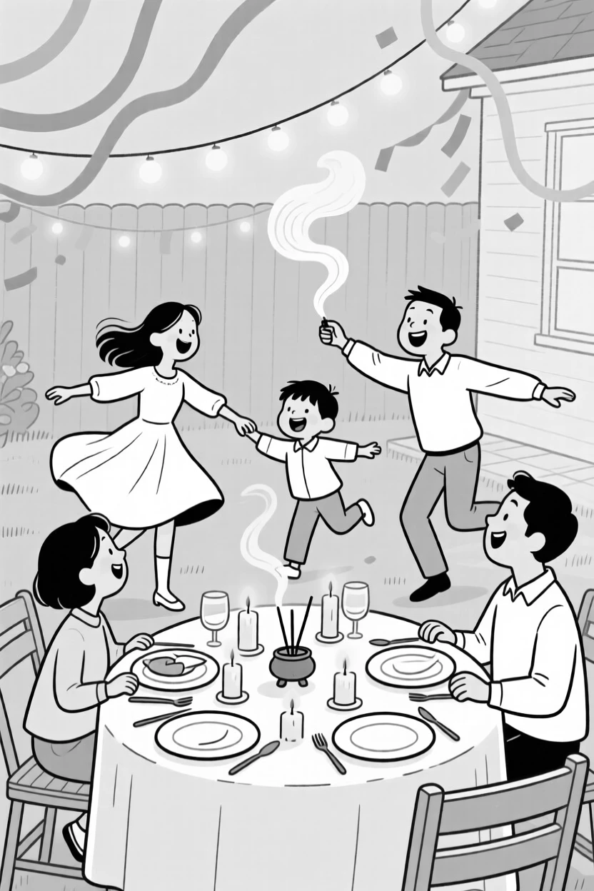A family gathered around a beautifully set holiday table, spinning together in a whirl of fabric and laughter, set in a backyard strung with bright party streamers. Incense smoke curls gently upward. The image feels like a snapshot of pure, collective happiness.