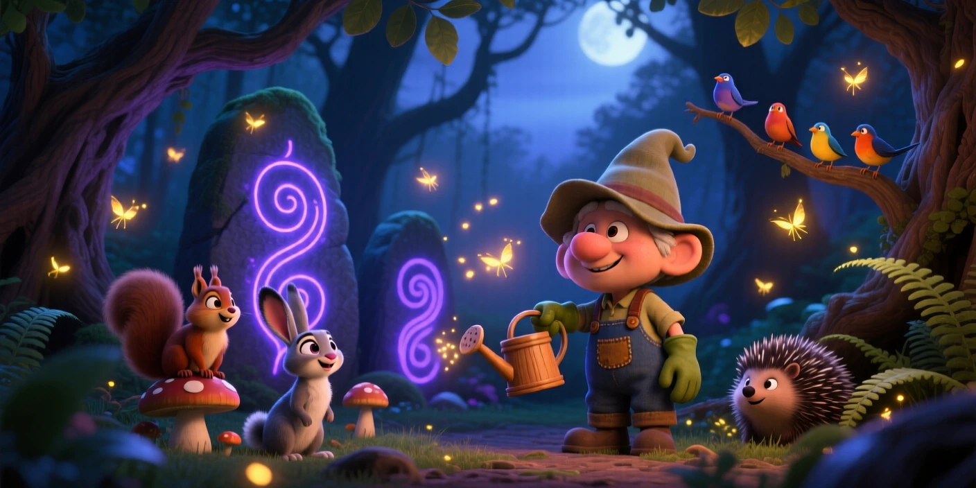 A tiny gnome gardener stands in an enchanted forest glowing with fireflies, whispering to woodland creatures gathered nearby. A quiet magic hums softly throughout the scene, with glowing runes pulsing gently in the background.