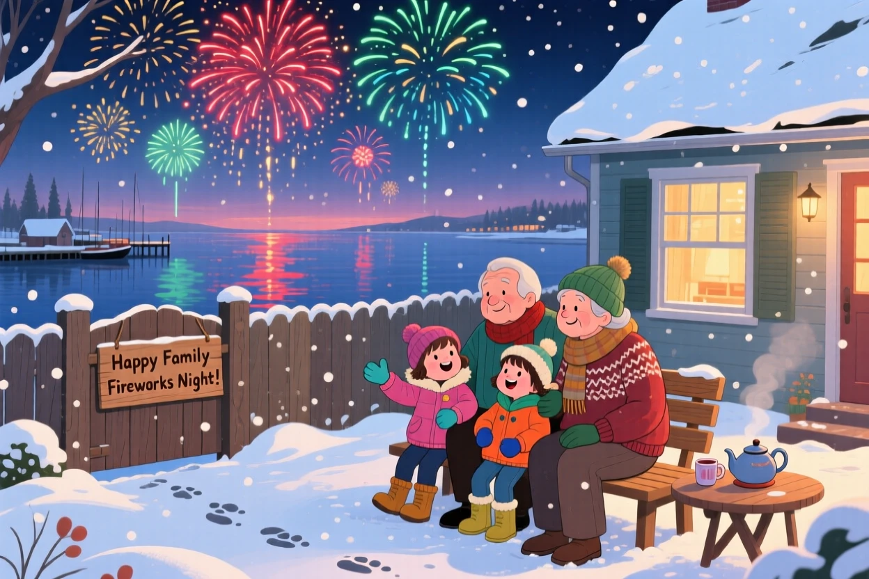 In a frosty backyard, grandparents and grandchildren celebrate together by watching fireworks bloom over a summer harbor, with fresh snow blanketing the rooftops.