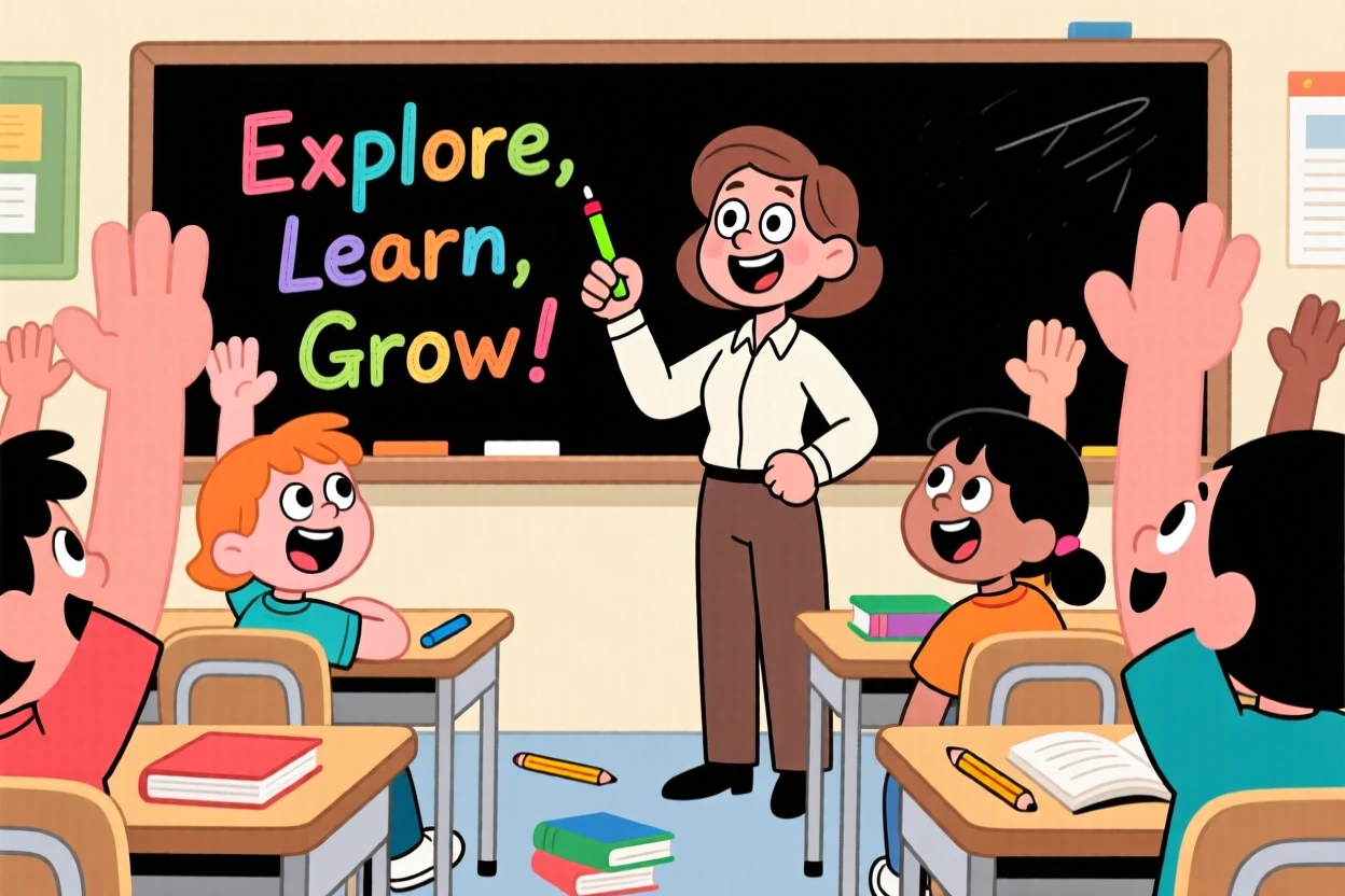 A teacher inspiring a classroom full of curious, raised hands.
