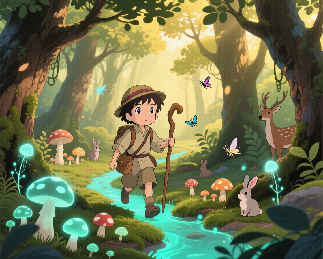 A young explorer following a trail of glowing mushrooms through a forest, the moment brimming with discovery.