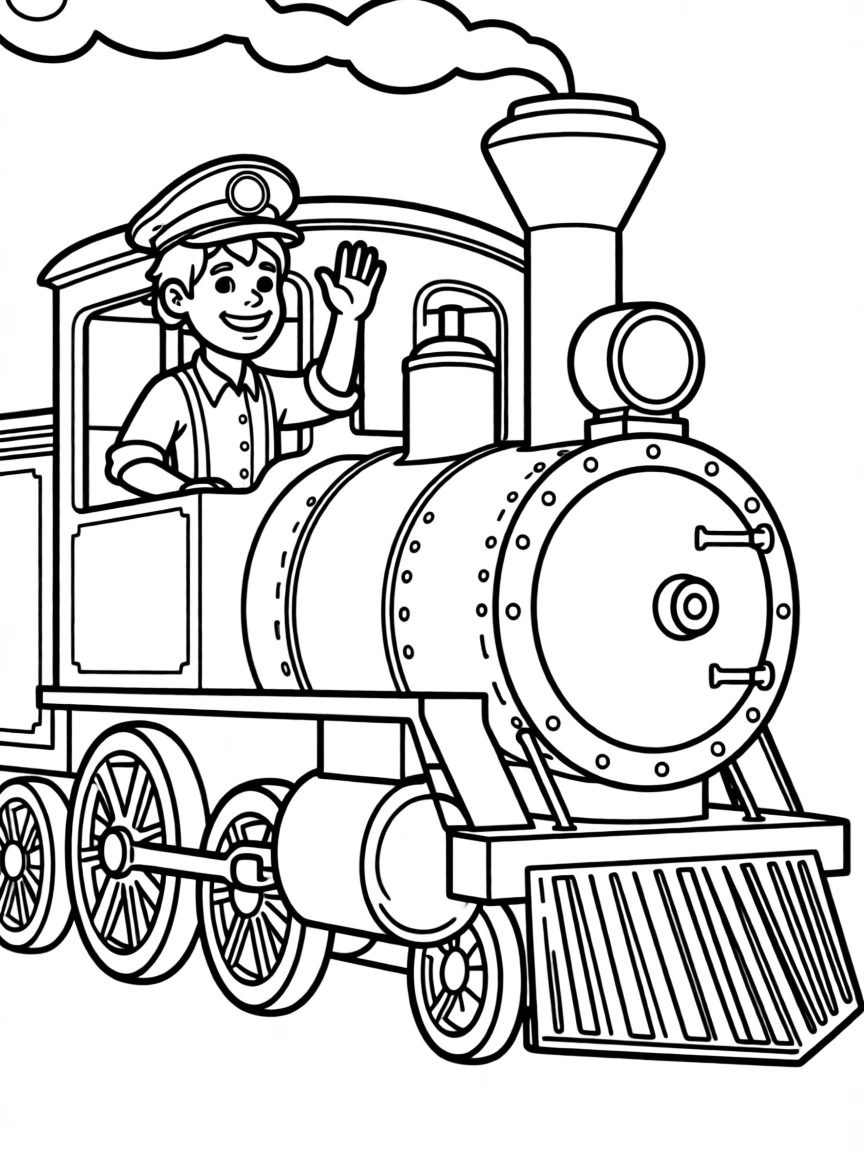 A train conductor waving from a locomotive engine