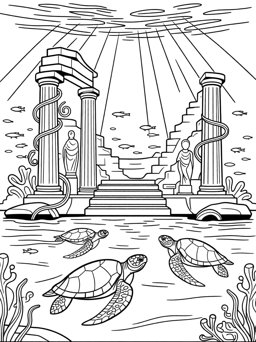 A group of sea turtles swimming past an ancient ruin, with sunlight streaming down in golden shafts.