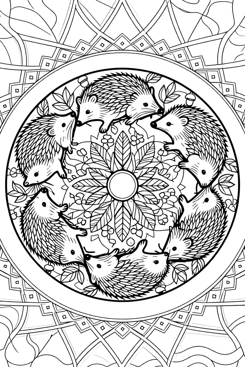 A mandala built from a ring of interlocking hedgehogs curled nose to tail.