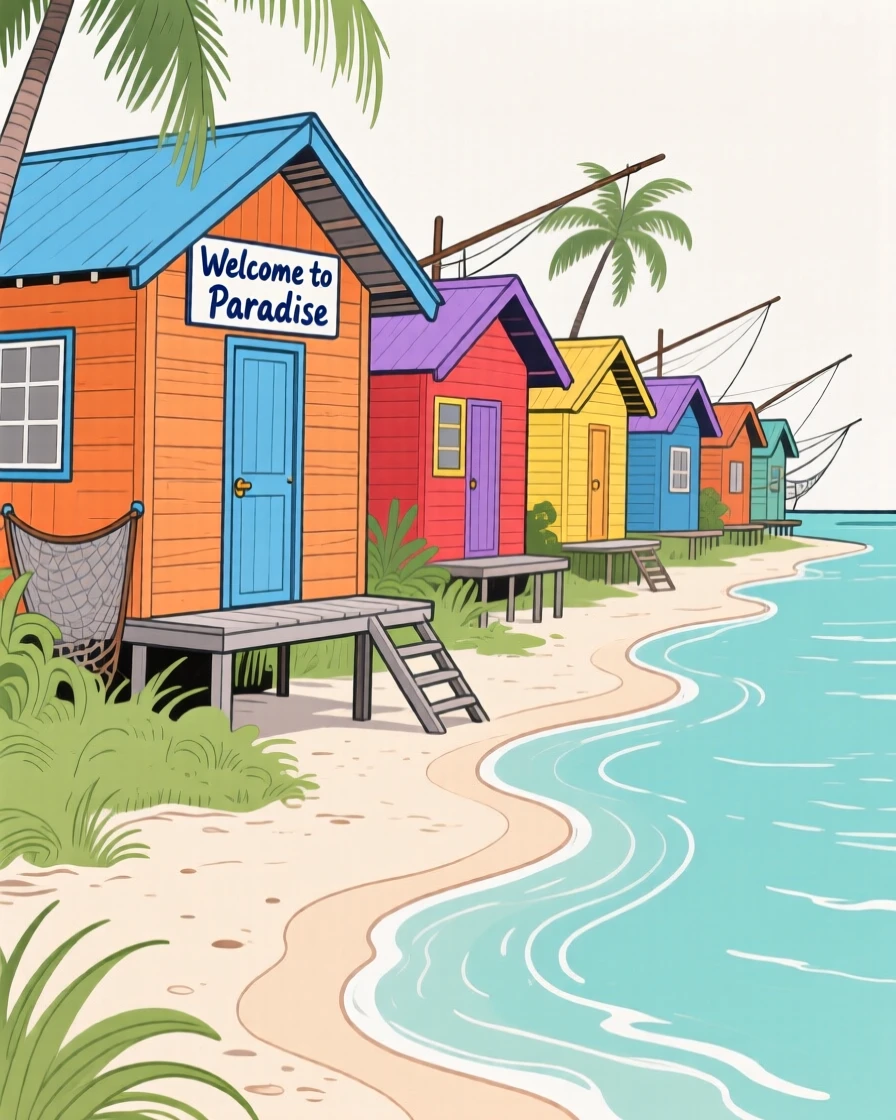 A row of colorful fishing huts along a tropical shoreline.