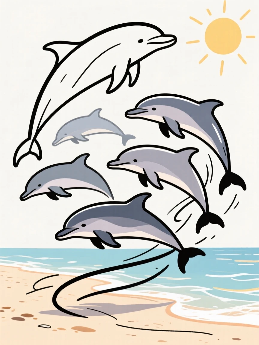 A group of dolphins playing together near a sunlit sandy shore.