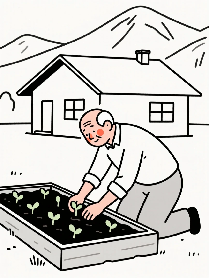 An elderly man planting seedlings in a garden bed, in a mountain cabin.