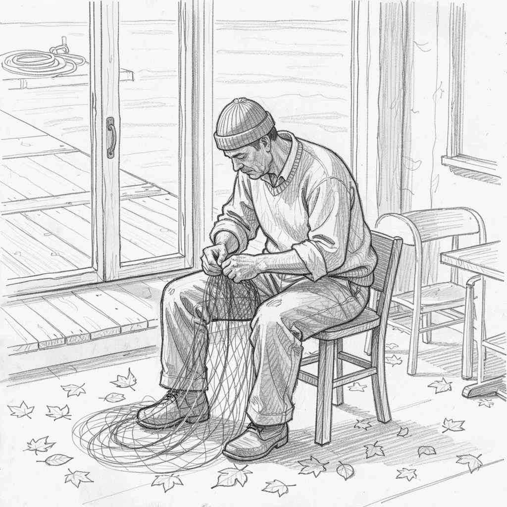 A fisherman mending his nets at the dock, in a cozy neighborhood cafe, with autumn leaves scattered underfoot.
