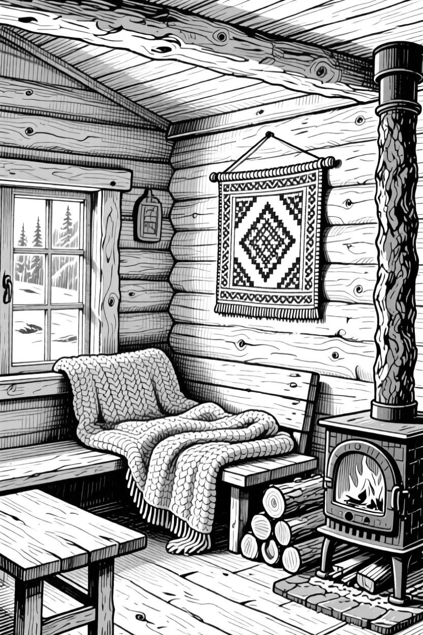 A traditional Scandinavian cabin interior with light wood and cozy woolen blankets.