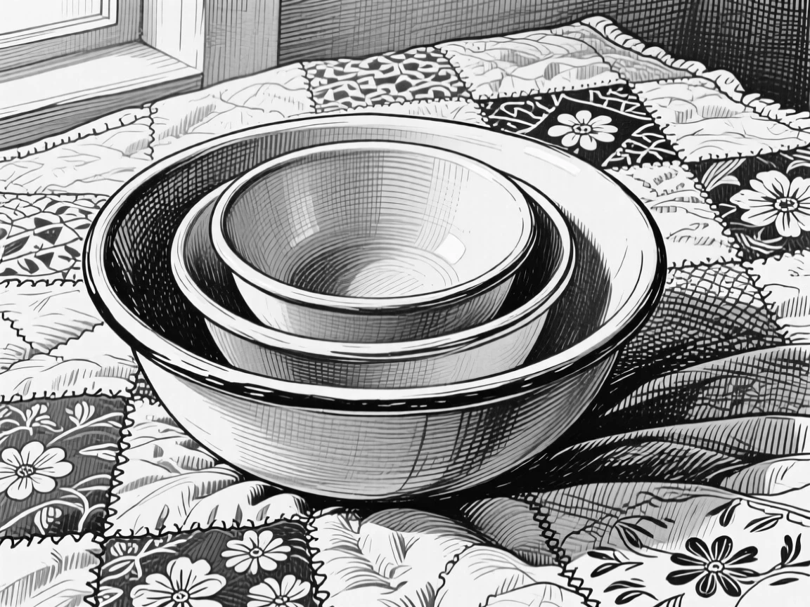 A set of nested mixing bowls resting on an old quilt, with soft natural light falling across its surface, forming a quietly nostalgic still-life study.