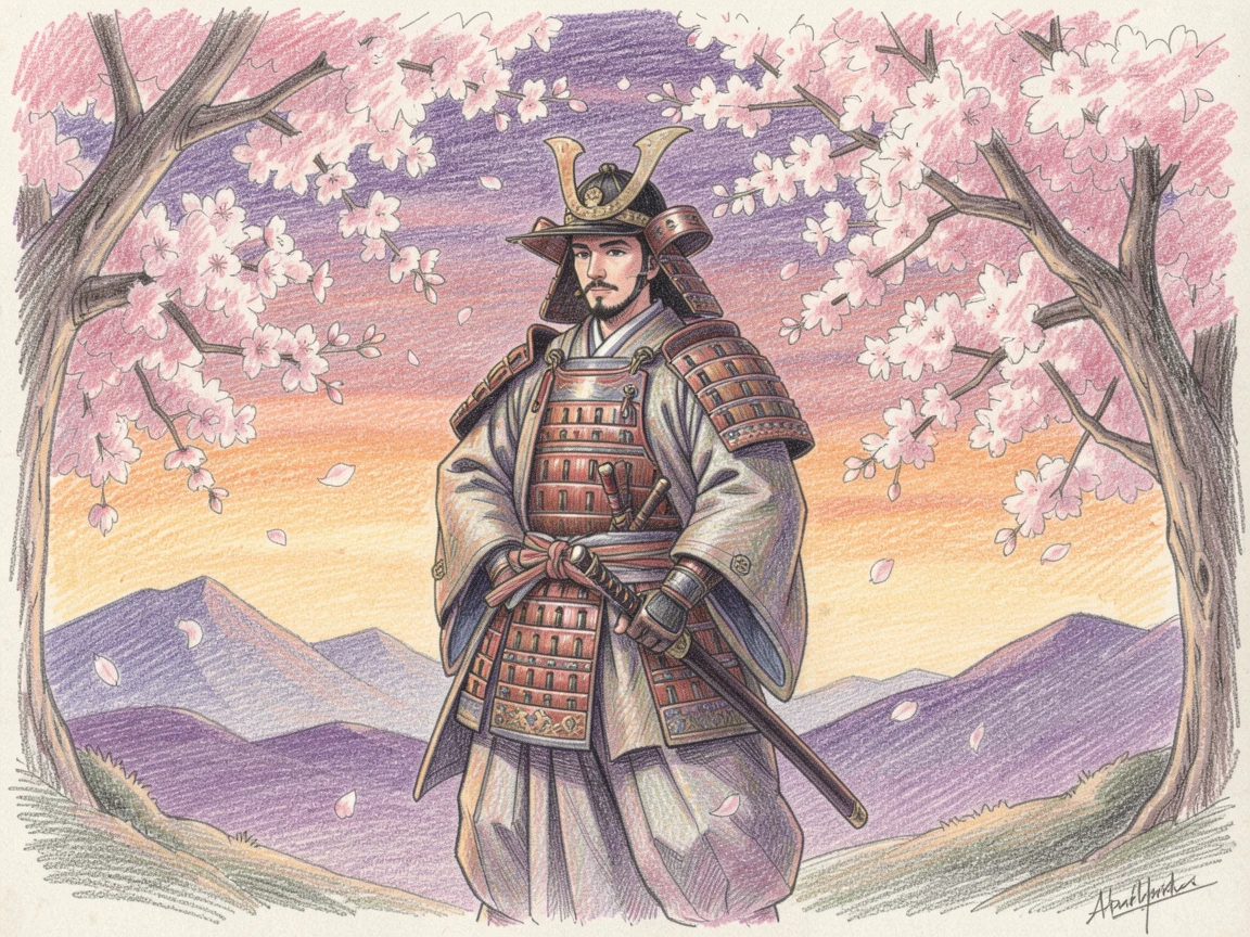 A samurai standing beneath blooming cherry blossoms at dusk, capturing the elegance and tradition of the era, evoking a sense of timeless tradition and heritage.